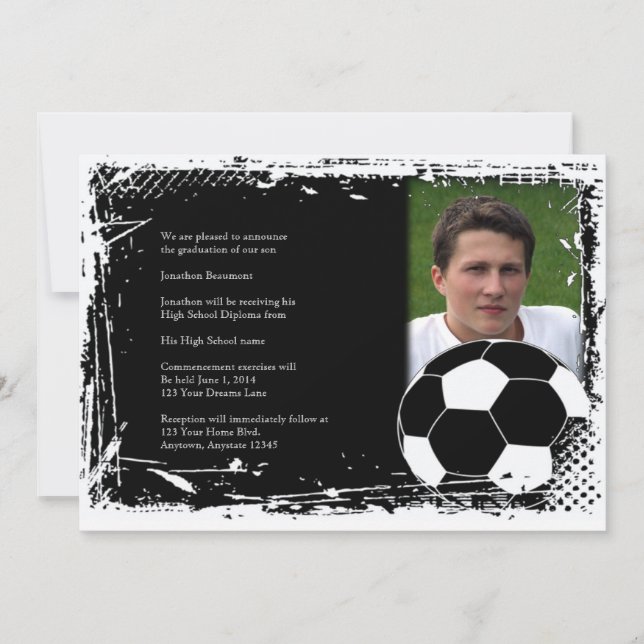 Black and White Grunge Soccer Graduation Invitation (Front)