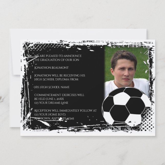 Black and White Grunge Soccer Graduation Invitation (Front)