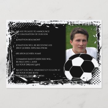 Black And White Grunge Soccer Graduation Invitation by NoteableExpressions at Zazzle
