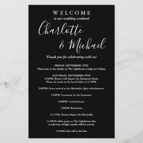 Black And White Guest Wedding Weekend Program