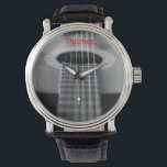 Black and White Guitar Watch<br><div class="desc">Sporty watch perfect for any music lover. It features a black and white photograph of a guitar. You customize the name at the top in red.</div>