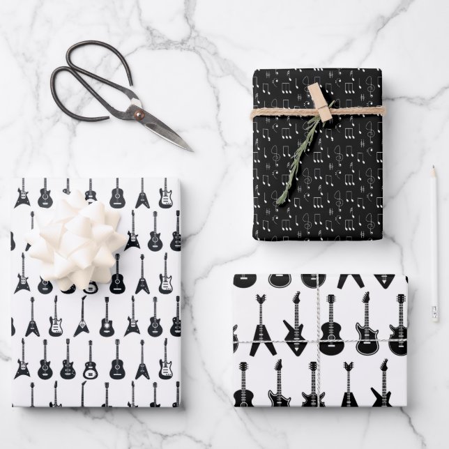 Black and White Guitars Wrapping Paper Sheets (Front)