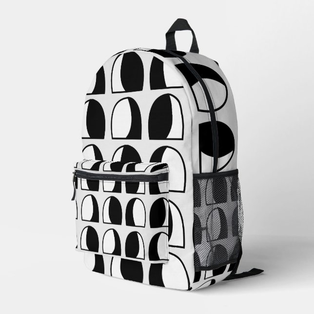 Black and White Half Circle Geometric  Printed Backpack (Back Corner Right)
