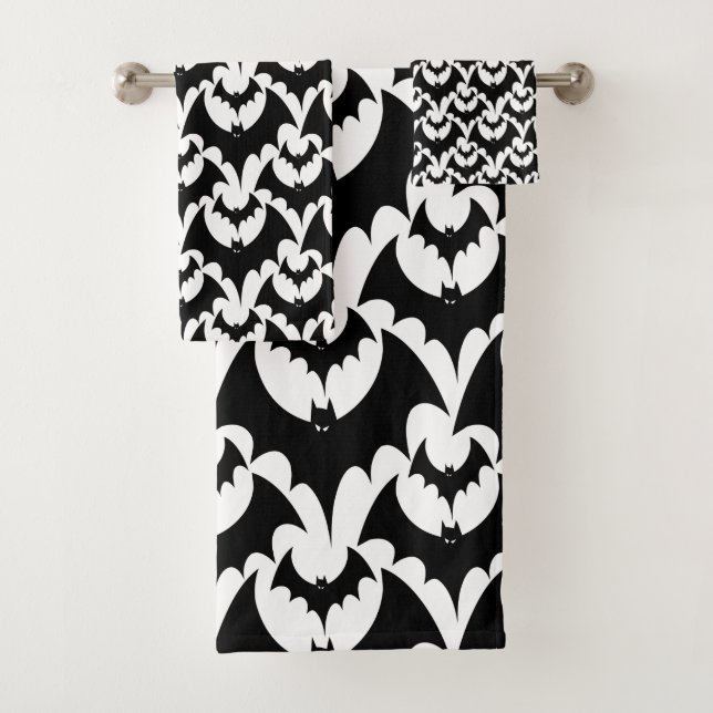 Black And White HALLOWEEN Bats Vampire Pattern Bath Towel Set (Insitu)