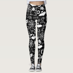 BLACK AND WHITE HALLOWEEN DOODLES LEGGINGS