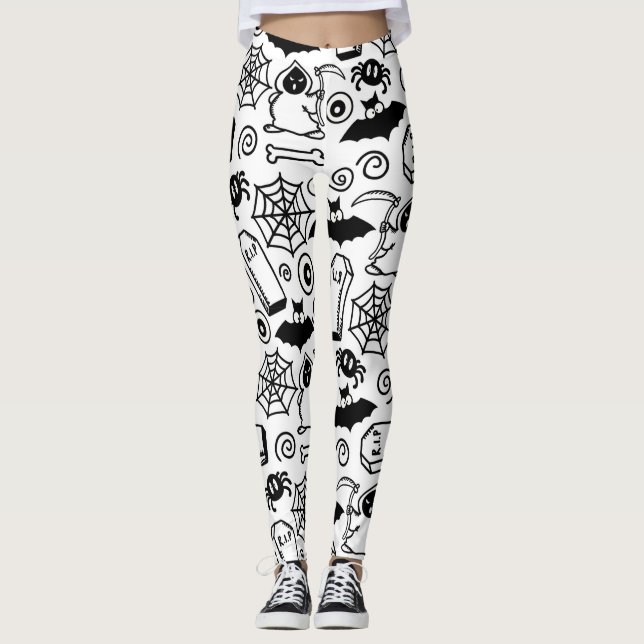 BLACK AND WHITE HALLOWEEN DOODLES LEGGINGS (Front)