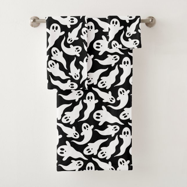  Black and White Halloween Ghost Pattern Bath Towel Set (Insitu)