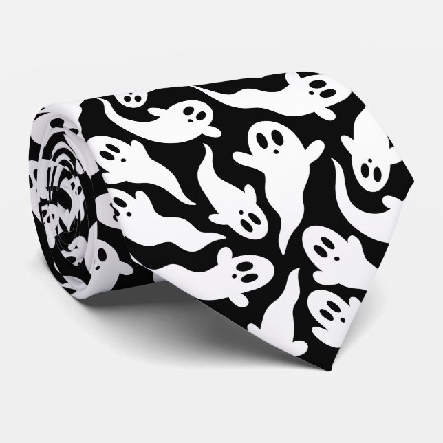  Black and White Halloween Ghost Pattern Neck Tie (Rolled)