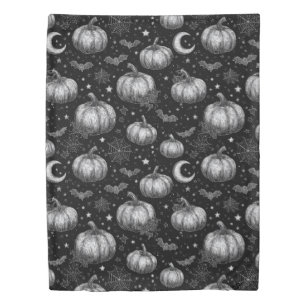 Black and White Halloween Pumpkin, Bat, Spiderweb Duvet Cover