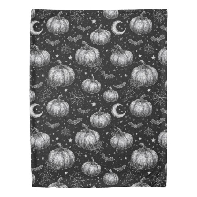 Black and White Halloween Pumpkin, Bat, Spiderweb Duvet Cover (Front)