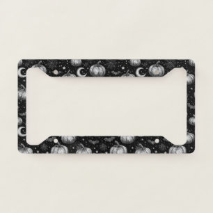 Black and White Halloween Pumpkin, Bat, Spiderweb License Plate Frame