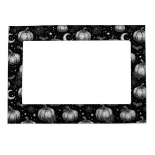 Black and White Halloween Pumpkin, Bat, Spiderweb Magnetic Frame