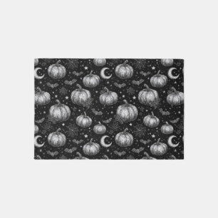 Black and White Halloween Pumpkin, Bat, Spiderweb Outdoor Rug