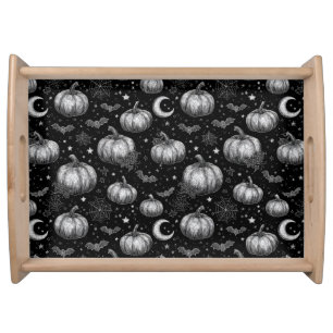 Black and White Halloween Pumpkin, Bat, Spiderweb Serving Tray