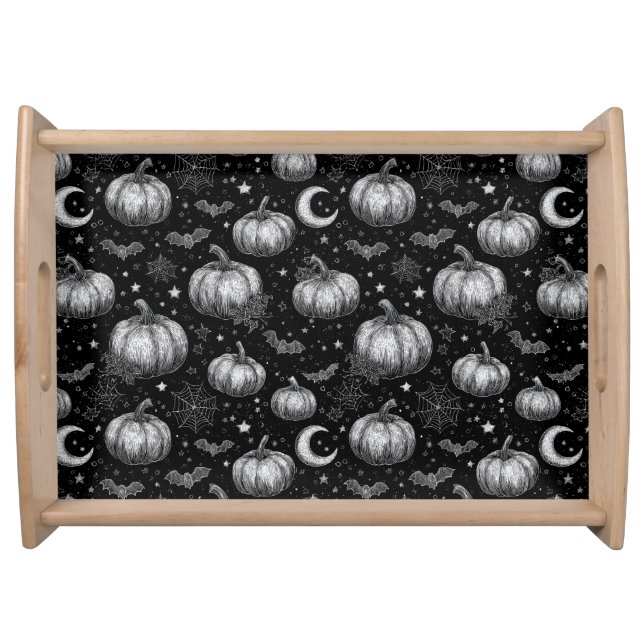 Black and White Halloween Pumpkin, Bat, Spiderweb Serving Tray (Front)