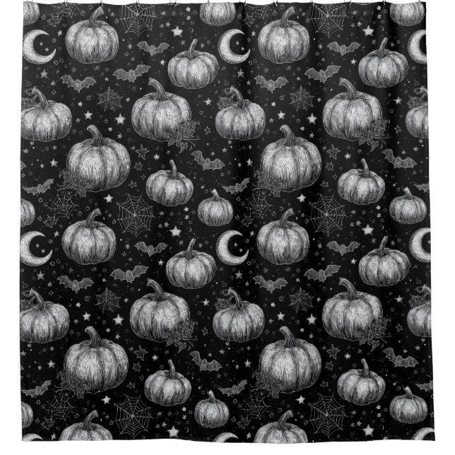 Black and White Halloween Pumpkin, Bat, Spiderweb Shower Curtain (Front)
