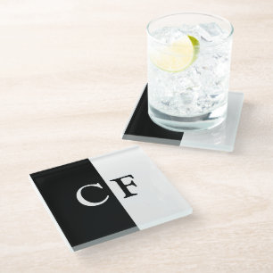 Black and white halves custom initials glass coaster
