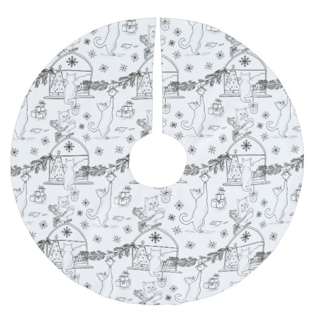 Black and white Hand drawn cats & Christmas tree  Brushed Polyester Tree Skirt (Front)