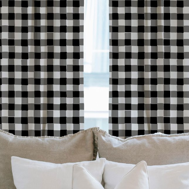 Black and White Hand-Drawn Checkered Plaid  Sheer Curtains (Black and White Hand-Drawn Checkered Plaid Curtains)