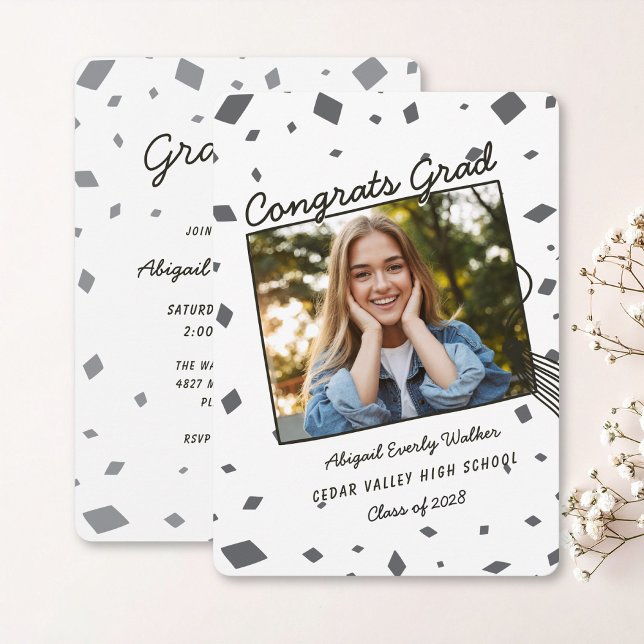 Black and White Hand Drawn Doodle Grad Invitation (doodle white and black tassel and cap grad invite with photo)