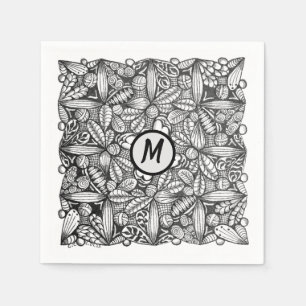 Black-and-White Hand-Drawn Doodle with Monogram Napkins