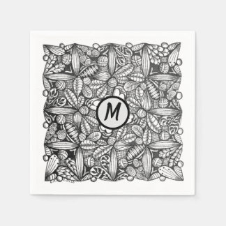 Black-and-White Hand-Drawn Doodle with Monogram Napkins