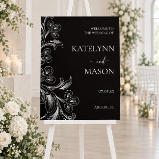 Black and White Hand Drawn Floral Wedding Welcome Foam Board