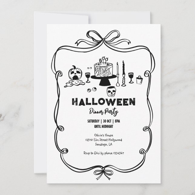Black and White Hand drawn Halloween Dinner Party Invitation (Front)