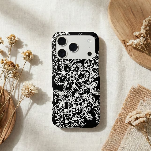 Black and White Hand Drawn Lace Mandala Floral iPhone Case (Creator Uploaded)