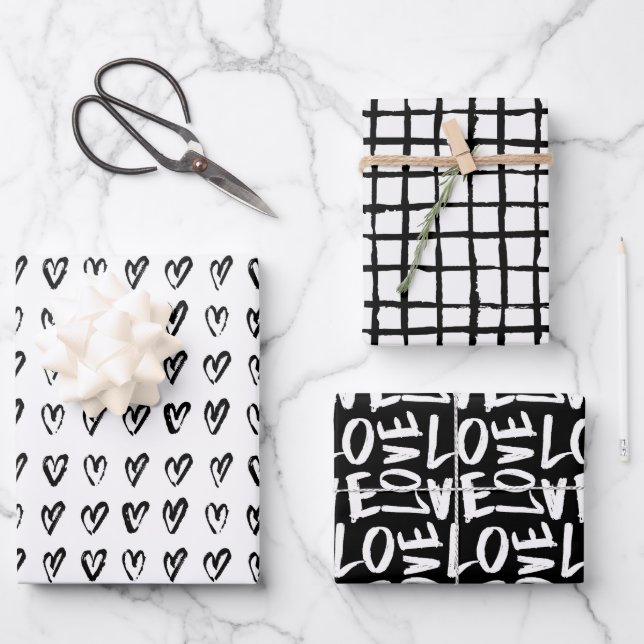 Black and White Hand Drawn Modern Hearts Love Wrapping Paper Sheets (Front)