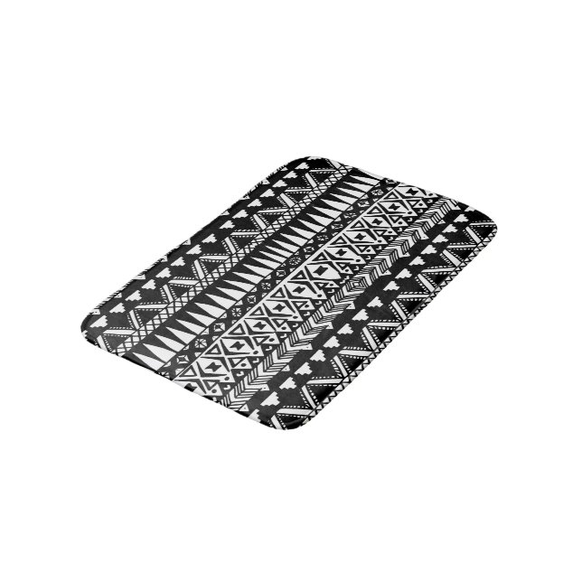 Black and White Hand Drawn Modern Tribal Aztec Bathroom Mat (Angled)
