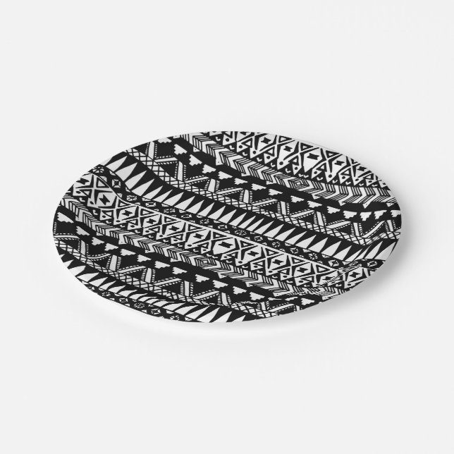 Black and White Hand Drawn Modern Tribal Aztec Paper Plates (Angled)