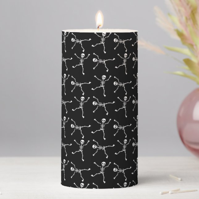 Black and White Hand Drawn Skeleton Halloween Pillar Candle (In Situ)