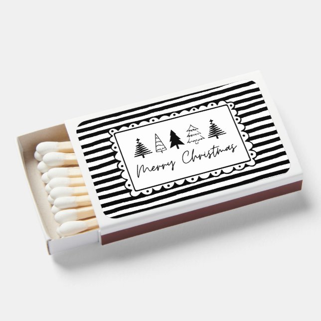 Black and white Hand Drawn Tree Merry Christmas Matchboxes (Front Open)