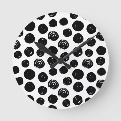 Black and white hand drawn watercolor polka dots round clock