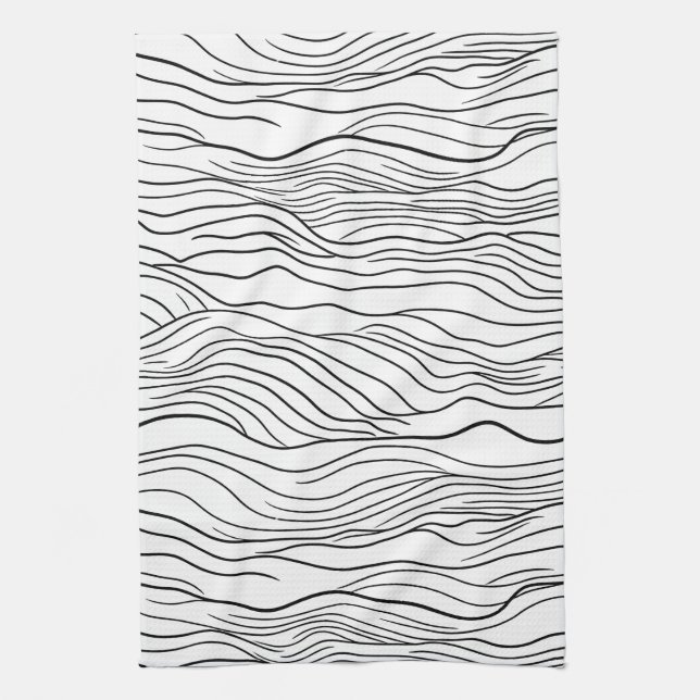 Black and White Hand-Drawn Wavy Line Pattern Kitchen Towel (Vertical)
