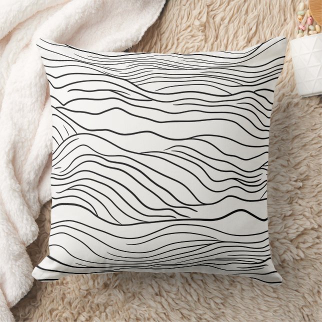 Black and White Hand-Drawn Wavy Line Pattern Throw Pillow (Blanket)