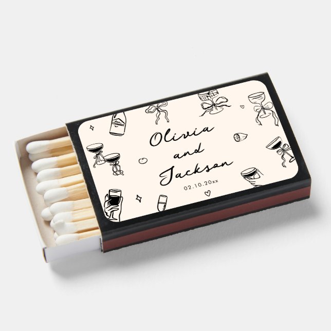Black and White Hand Drawn Wedding Matchboxes (Front Open)