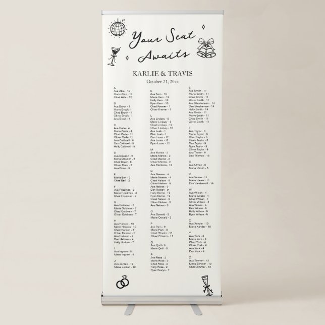 Black and White Hand Drawn Wedding Seating Chart Retractable Banner (Front)