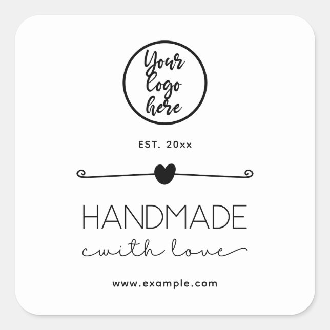 Black and White Handmade With Love Custom Logo Square Sticker (Front)