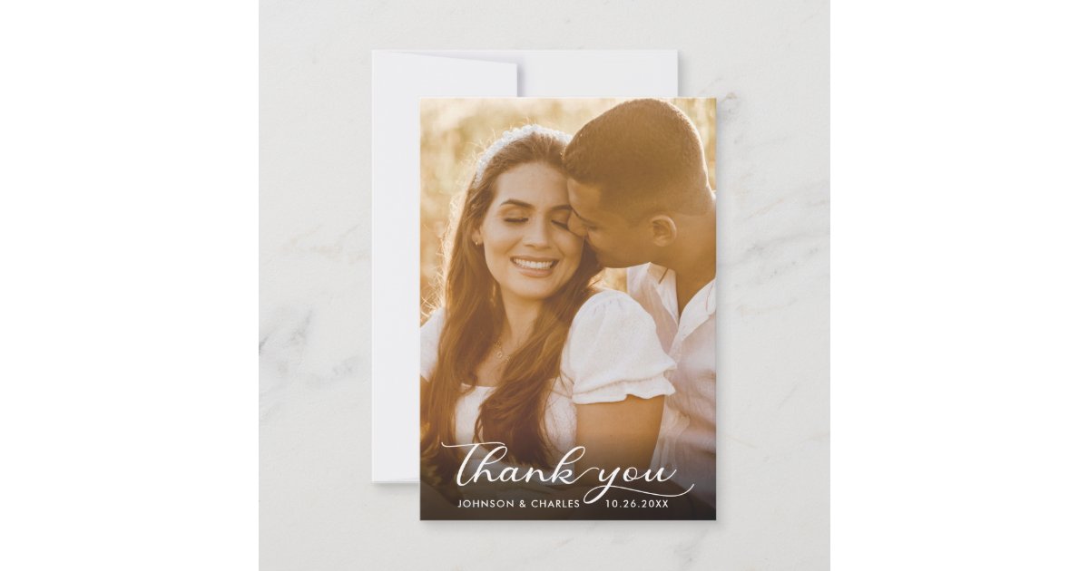 Black And White Handwritten Script Wedding Photo Thank You Card | Zazzle