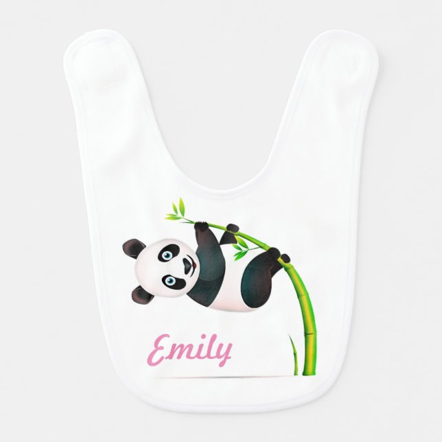Black and White Hanging Panda Bamboo Branch Stalk Baby Bib (Front)