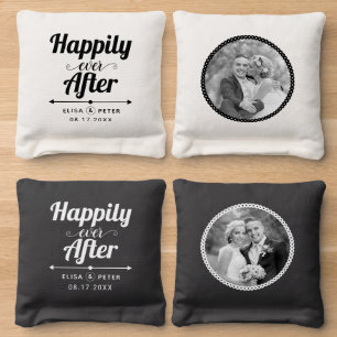 Black and white happily ever after wedding photo cornhole bags