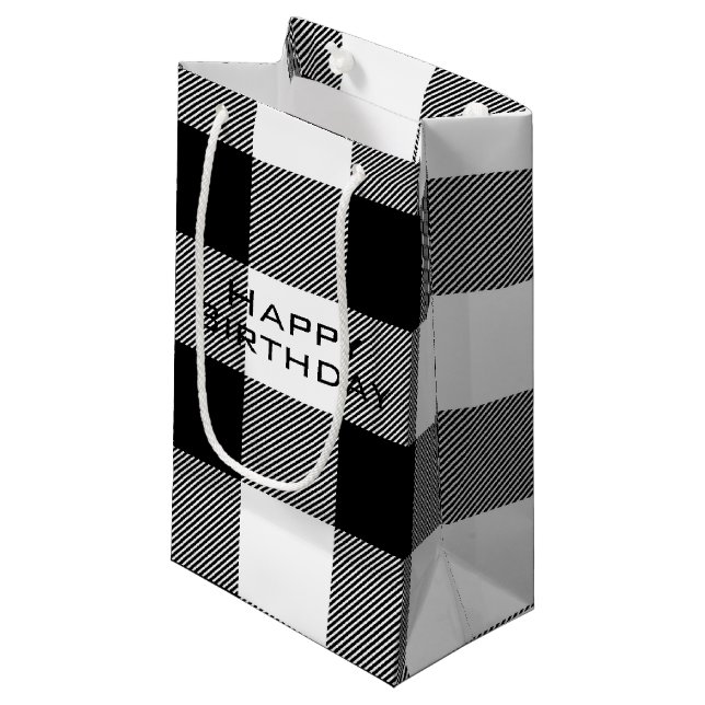 black and white Happy Birthday buffalo plaid Small Gift Bag (Front Angled)