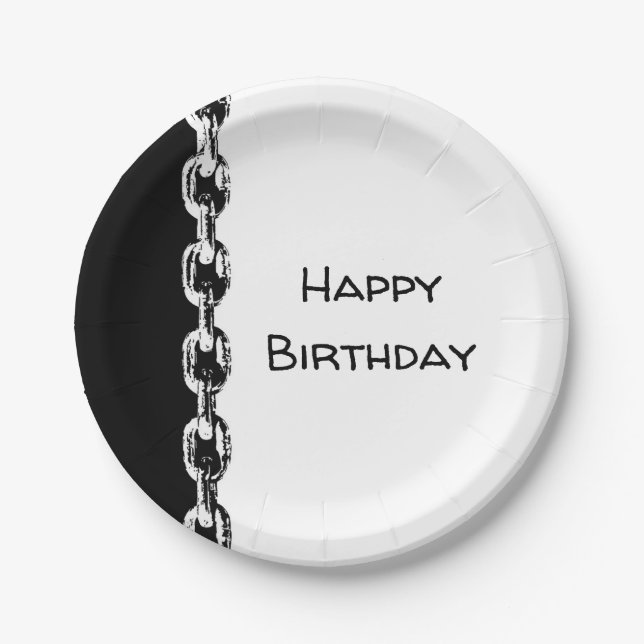 Black and White Happy Birthday Chain Paper Plates (Front)
