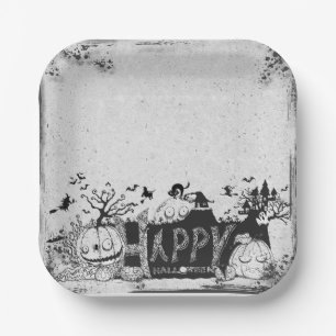 Black and White Happy Halloween Party Paper Plates