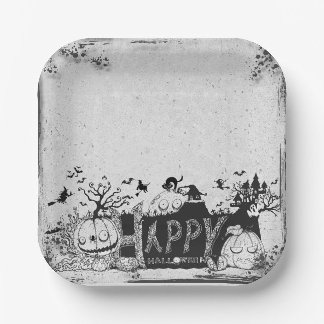 Black and White Happy Halloween Party Paper Plates (Front)
