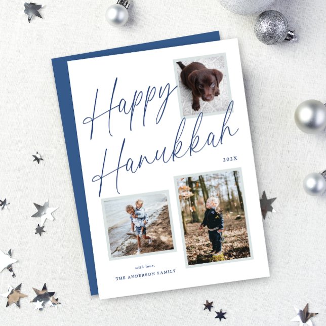 Black and White Happy Hanukkah Script Photo Holiday Card (Black and White Happy Hanukkah Script Photo Holiday Card)