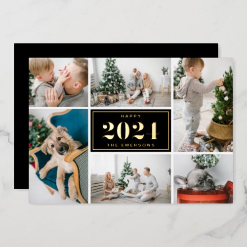 Black and White Happy New Year 2024 Photo Collage Foil Holiday Card