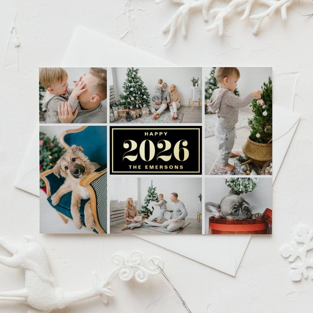 Black and White Happy New Year 2026 Photo Collage Foil Holiday Card (Send 2026 new year cheer with this customizable gold foil photo collage Happy New Year Card. )